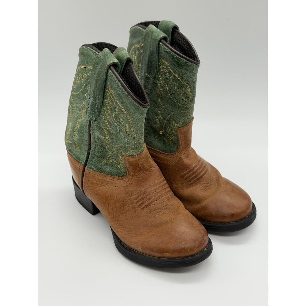Old West Cowboy Boots Brown And Turquoise - Green 1905 Youth Size 5